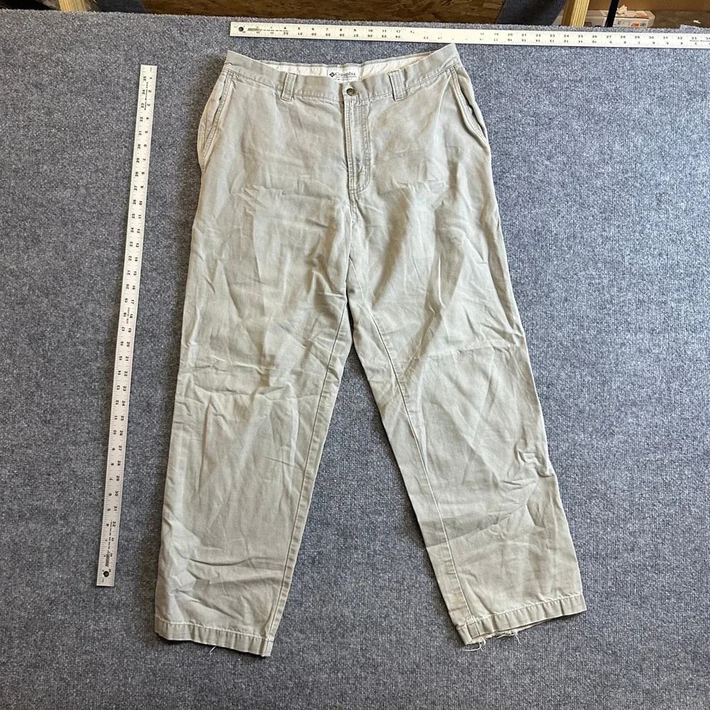 Columbia Pants Mens Size 36 Tan Canvas Utility Relaxed Fit Outdoor Frayed Hem